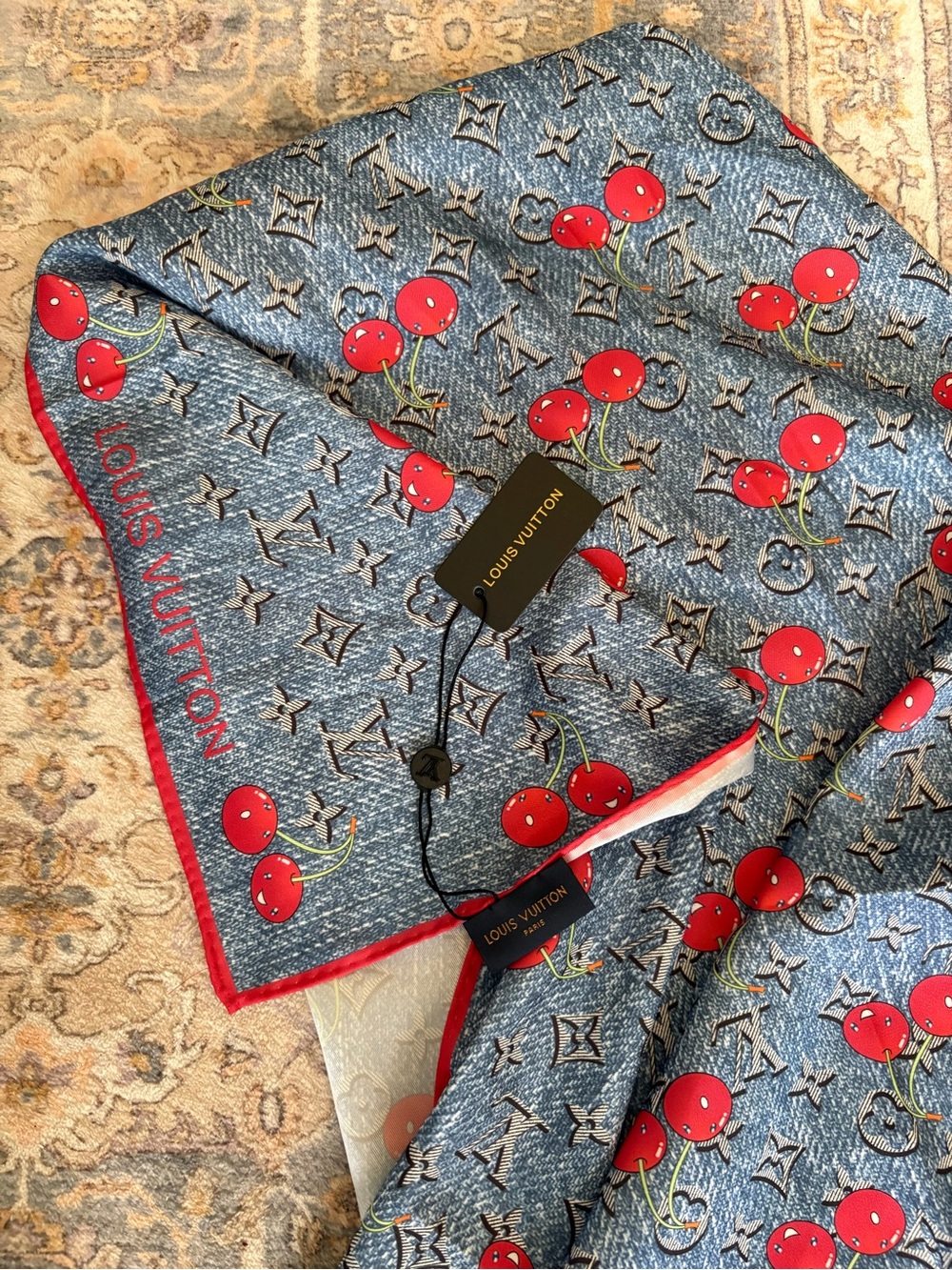 Louis Vuitton Red & Blue Cherry Monogram Silk Scarf